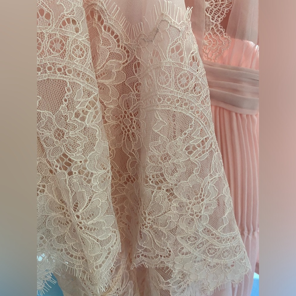 Self portrait pale pink chiffon trimmed lace midi long sleeve dress - Picture 7 of 9